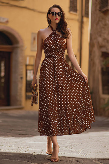 Robe en mousseline de soie brune dos nu à pois